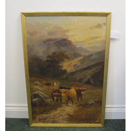 422 - CHARLES W. OSWALD. Highland Cattle on a Mountain Path; and Highland Cattle by a Loch, signed, oil on... 