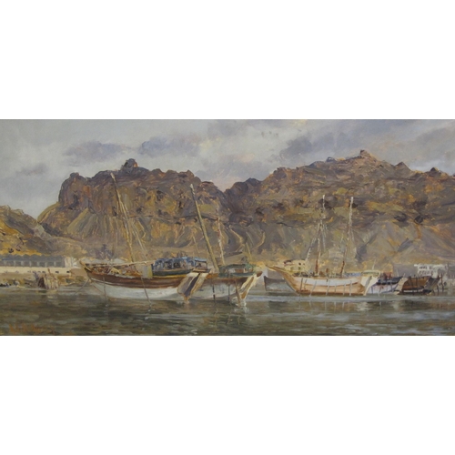 423 - A.S. ALAGILY. Moored boats in a coastal harbour, signed, oil on canvas, 16 x 32½ in; together with a... 