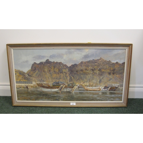 423 - A.S. ALAGILY. Moored boats in a coastal harbour, signed, oil on canvas, 16 x 32½ in; together with a... 