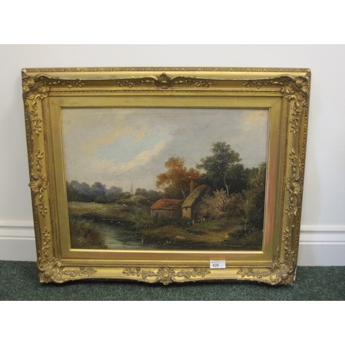 426 - D.D. A rustic landscape with a cottage by a pond, signed with initials, oil on canvas, 14 x 19in; to... 