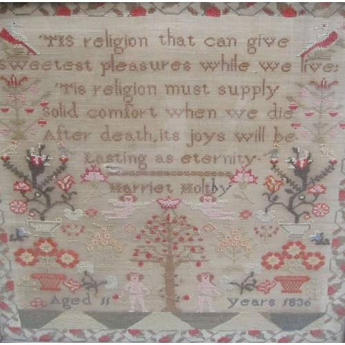 434 - HARRIET MOLTBY. An embroidered Sampler inscribed 'Tis Religion that can give Sweetest Pleasures ....... 