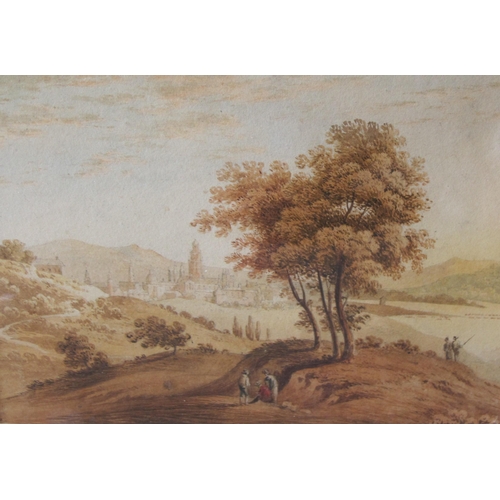 439 - ENGLISH SCHOOL, c.1810. An extensive landscape with figures by a tree, a distant town beyond, waterc... 