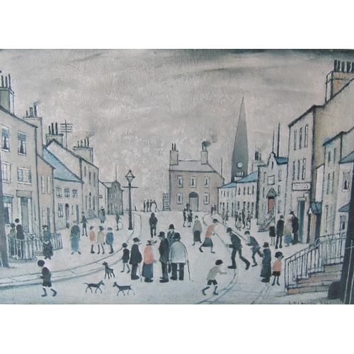 445 - AFTER LAWRENCE STEPHEN LOWRY. A Lancashire Village, reproduction in colours, 14½ x 21 in; a signed e... 