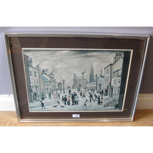 445 - AFTER LAWRENCE STEPHEN LOWRY. A Lancashire Village, reproduction in colours, 14½ x 21 in; a signed e... 