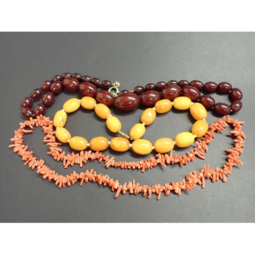 174 - Two amber type bead Necklaces and a staghorn Coral Necklace