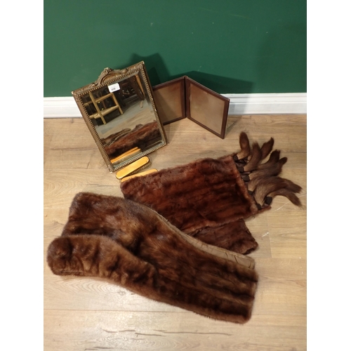 716 - A Fur Shawl, gilt framed Mirror, and two enamel Brushes.