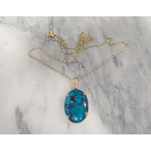 198 - A Turquoise Pendant claw-set oval stone on fine 9ct gold belcher chain