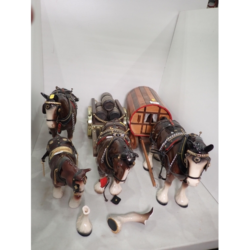 619 - Four Models of Shire Horses, two pulling carts, two A/F