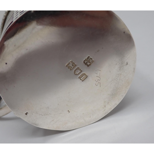 103 - An Edward VII silver pierced drum Mustard Pot with blue glass liner, London 1906, and two Spoons