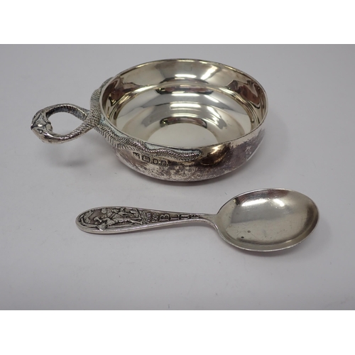 108 - An Elizabeth II silver Wine Tasting Bowl with serpent handle, London 1961, and a Christening Spoon, ... 