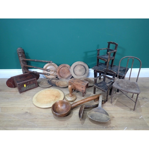 11 - A Doll's Kitchen Table and two Chairs, another Chair, various treen Bread Boards, treen Ladle, Teleg... 