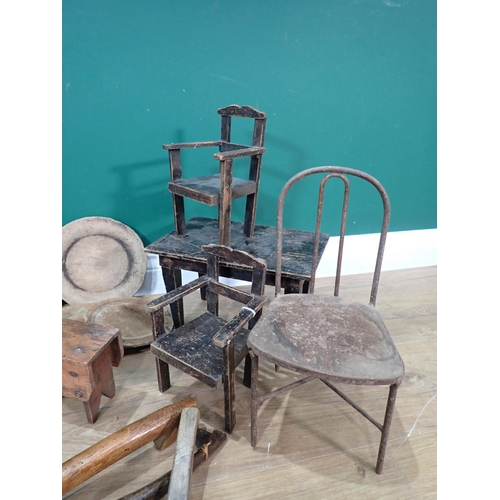 11 - A Doll's Kitchen Table and two Chairs, another Chair, various treen Bread Boards, treen Ladle, Teleg... 