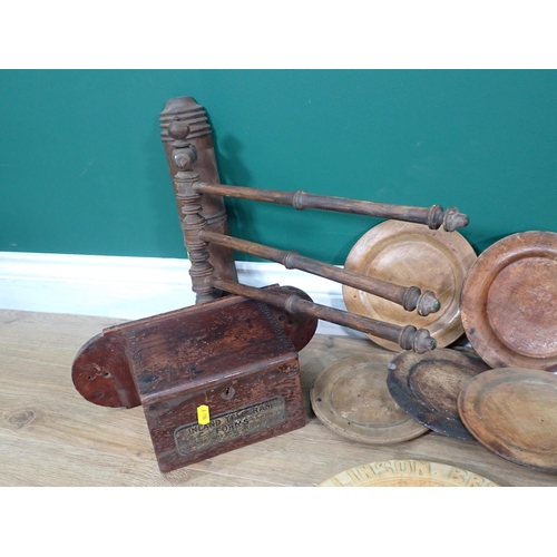 11 - A Doll's Kitchen Table and two Chairs, another Chair, various treen Bread Boards, treen Ladle, Teleg... 