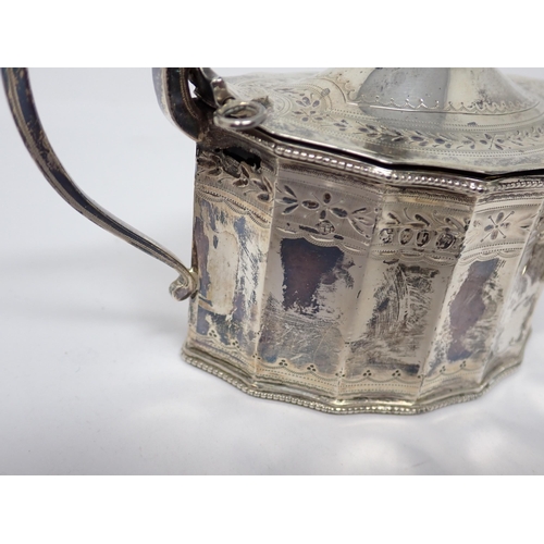 112 - A Victorian silver shaped oval Mustard Pot with bright cut engraving, London 1881, A/F, a Mustard Po... 