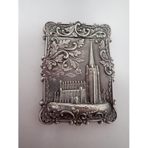 120 - A Victorian castle top Card Case with tall spire church, leafage and scroll surround, cartouche engr... 