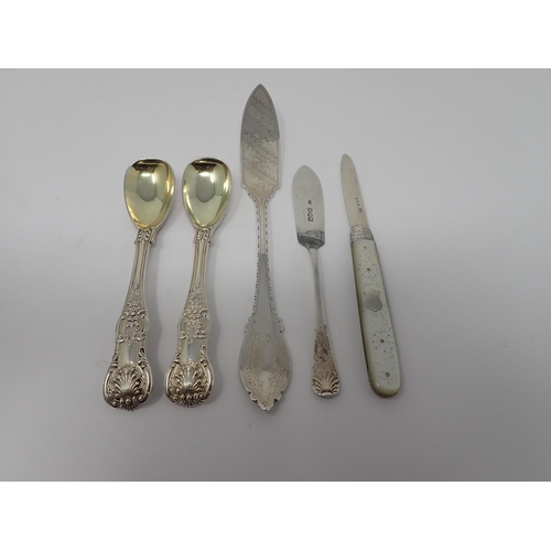 134 - A pair of William IV silver Salt Spoons, King's pattern, London 1833, maker: W.C., two silver Butter... 