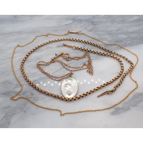 182 - A belcher Chain marked 9ct, two other Chains and a Pendant set blister pearl