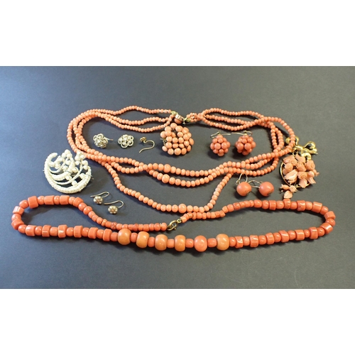 194 - A Seed pearl Brooch and two pairs of Earrings (one A/F) together with various Coral Bead Necklaces, ... 