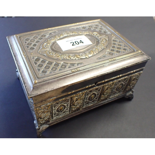 204 - A WMF rectangular Jewel Casket with embossed brass decoration, 5 1/2in