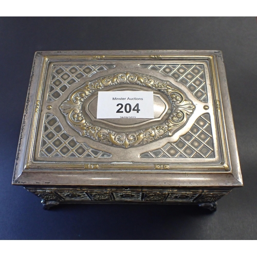 204 - A WMF rectangular Jewel Casket with embossed brass decoration, 5 1/2in