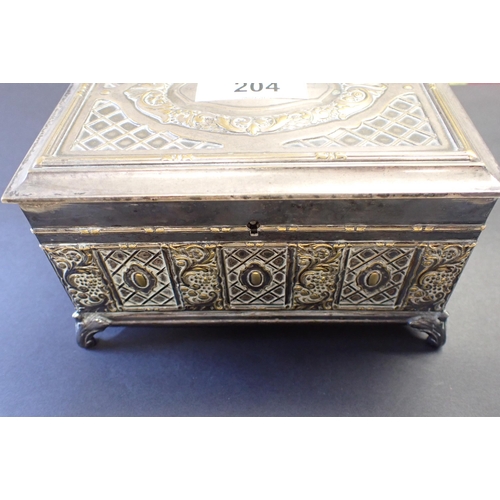 204 - A WMF rectangular Jewel Casket with embossed brass decoration, 5 1/2in