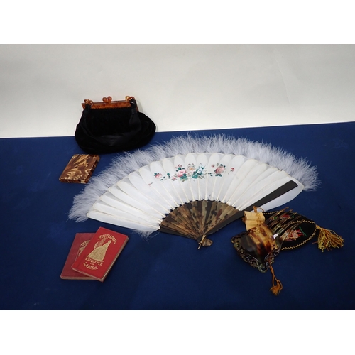 205 - A feather Fan, a black velvet Evening Purse, a faux tortoiseshell Hair Comb, Card Case and two small... 