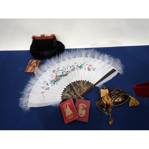 205 - A feather Fan, a black velvet Evening Purse, a faux tortoiseshell Hair Comb, Card Case and two small... 