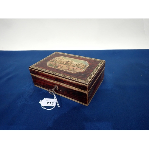 213 - An early painted Tunbridge Sewing Box with picture of the Royal Pavilion to lid