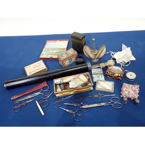 214 - A box of assorted Sewing Items, Scissors etc and an Artist's Brush Rest