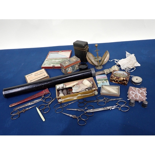 214 - A box of assorted Sewing Items, Scissors etc and an Artist's Brush Rest