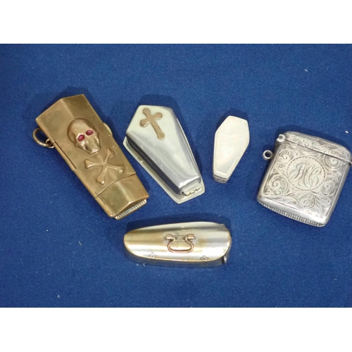 222 - Four vintage Vesta's shaped as coffins and a Silver Vesta Case