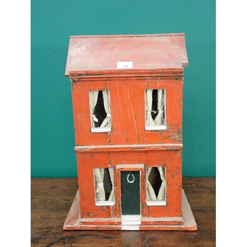 24 - An antique painted wooden Doll's House with wall paper lined interior 1ft 10in H x 1ft 2in W