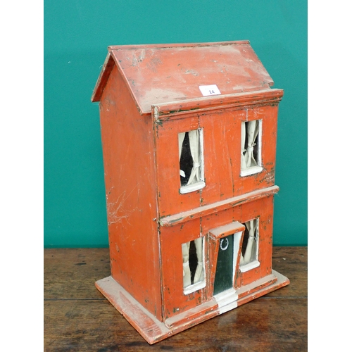 24 - An antique painted wooden Doll's House with wall paper lined interior 1ft 10in H x 1ft 2in W