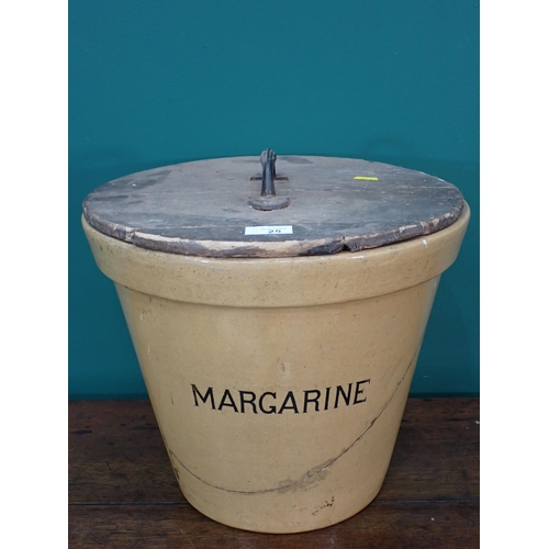 25 - An antique stoneware Margarine Bucket with wooden lid A/F 1ft 3in D x 1ft 1in H