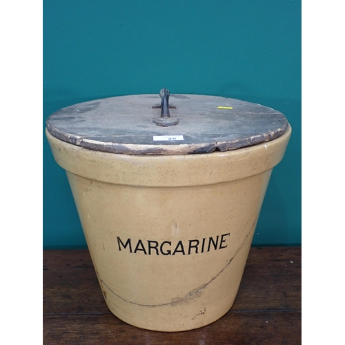 25 - An antique stoneware Margarine Bucket with wooden lid A/F 1ft 3in D x 1ft 1in H