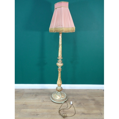 28 - A cream and floral painted Standard Lamp with shade 5ft 10in H, passed PAT