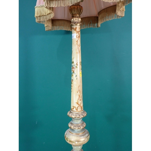 28 - A cream and floral painted Standard Lamp with shade 5ft 10in H, passed PAT