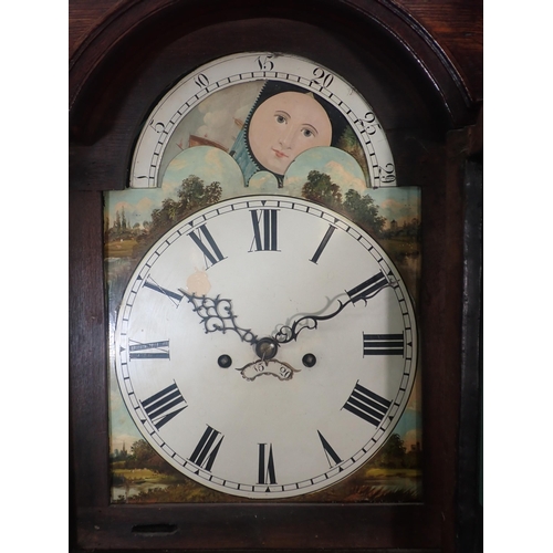 304 - A 19th Century oak Longcase Clock with arched painted moon phase dial 6ft 10in H x 1ft 7in W