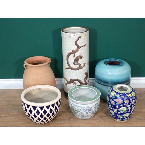 309 - An Oriental Ceramic Stick Stand, two modern Vases, two modern Jardinière Bowls, A/F, etc