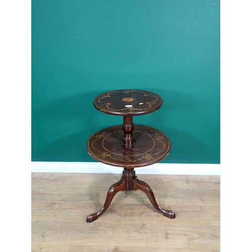 313 - A 19th Century mahogany and fan inlaid two tier Dumb Waiter with painted swag design mounted on trip... 