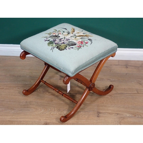 314 - A Victorian rosewood X-frame Stool with floral tapestry cushioned seat 1ft 6in W x 1ft 4in H