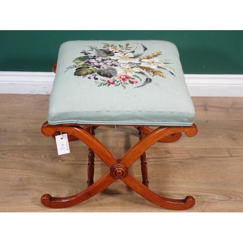 314 - A Victorian rosewood X-frame Stool with floral tapestry cushioned seat 1ft 6in W x 1ft 4in H