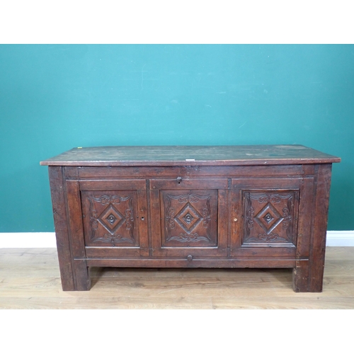 327 - A 17th Century oak Coffer with diamond carved three panel front 4ft 4in W x 2ft 2in H