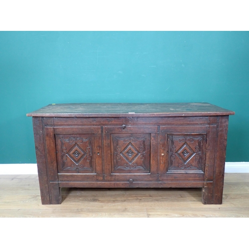 327 - A 17th Century oak Coffer with diamond carved three panel front 4ft 4in W x 2ft 2in H