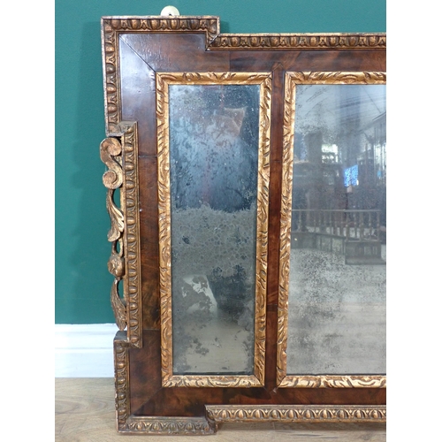 338 - A walnut and gilt framed triptych Wall Mirror with leafage and berry design 4ft 1in W x 2ft H