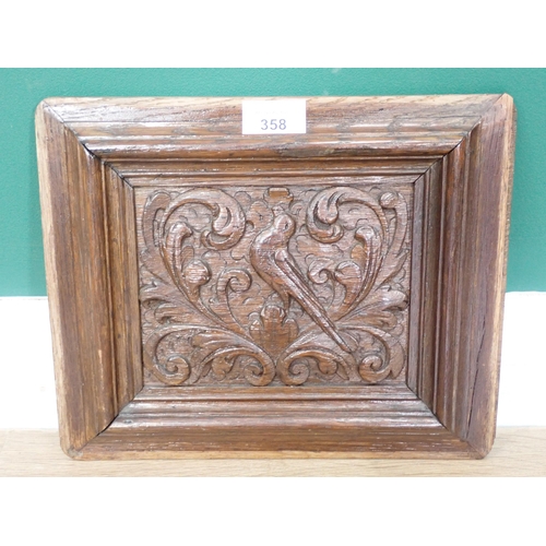 358 - A 17th Century carved oak Panel of a bird amongst scrolled foliage 12in W x 10in H