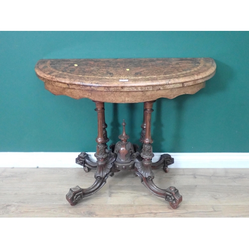 361 - A Victorian burr walnut and inlaid demi-lune fold over Card Table on four turned columns and out swe... 