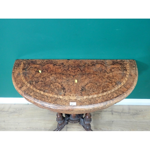 361 - A Victorian burr walnut and inlaid demi-lune fold over Card Table on four turned columns and out swe... 