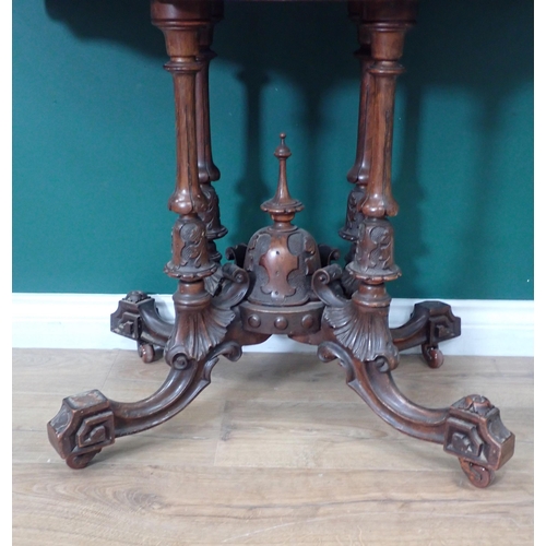 361 - A Victorian burr walnut and inlaid demi-lune fold over Card Table on four turned columns and out swe... 