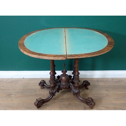 361 - A Victorian burr walnut and inlaid demi-lune fold over Card Table on four turned columns and out swe... 